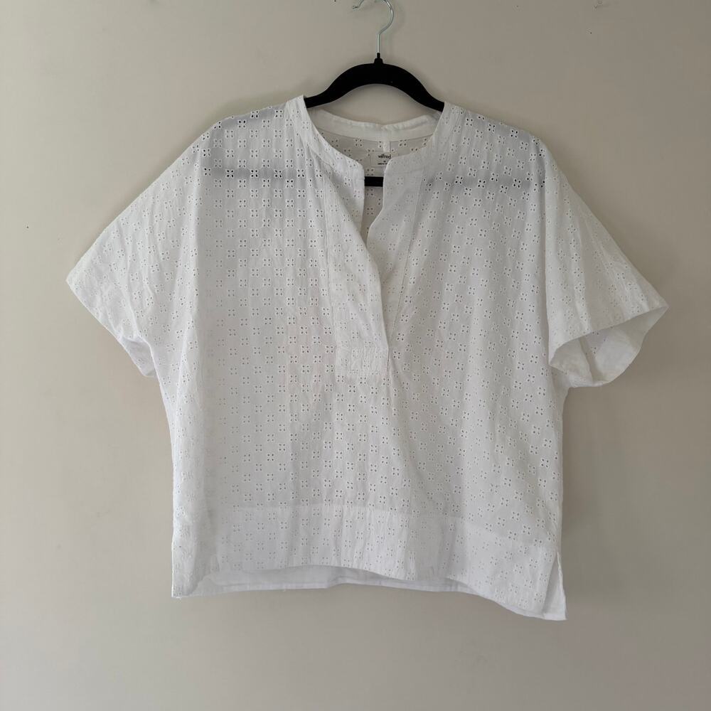 Wilfred Aritzia Loren Blouse Eyelet Boxy White Top 100% Cotton Women's Sz Medium